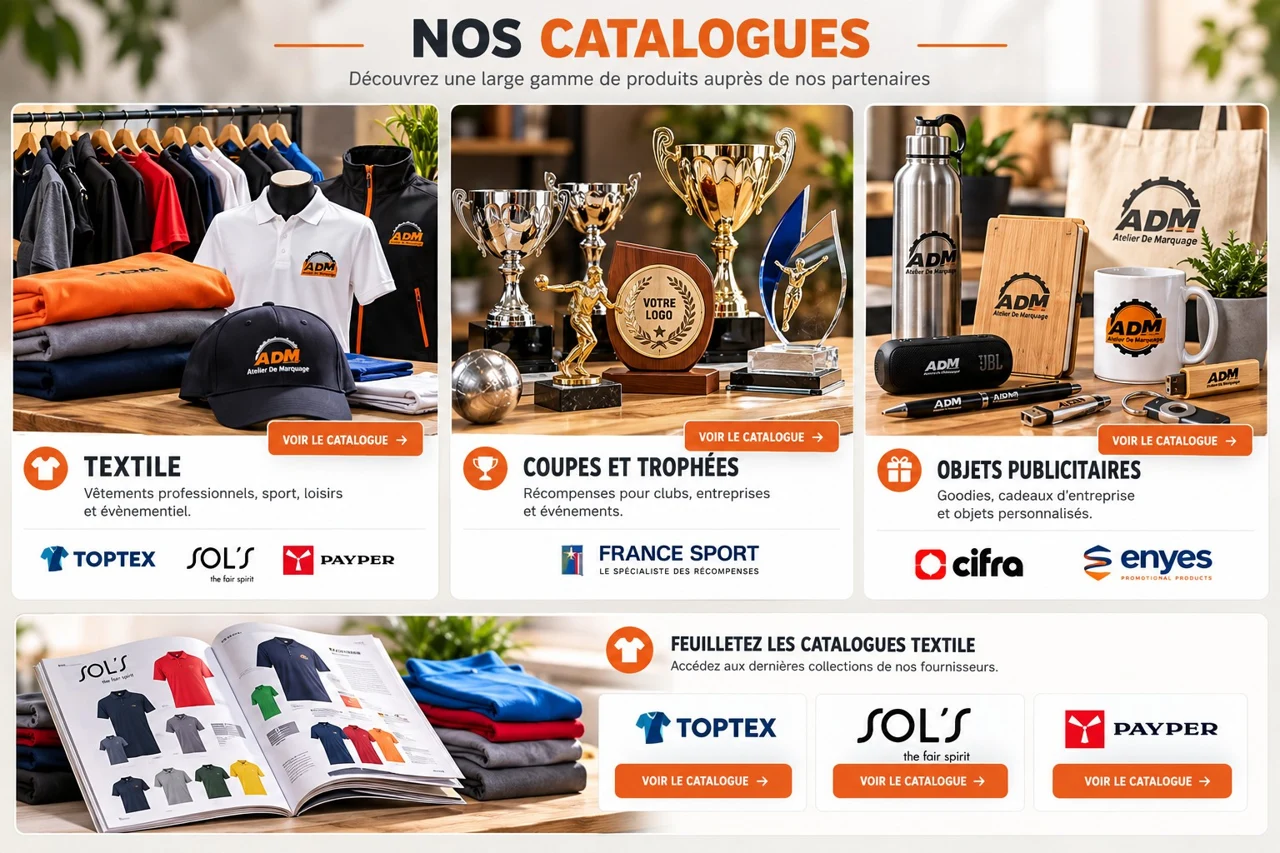 Présentation originale ADM des catalogues textile, coupes et trophées, objets publicitaires