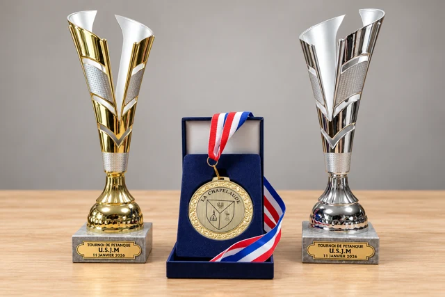 Deux coupes de pétanque et une médaille personnalisée présentées pour le catalogue France Sport