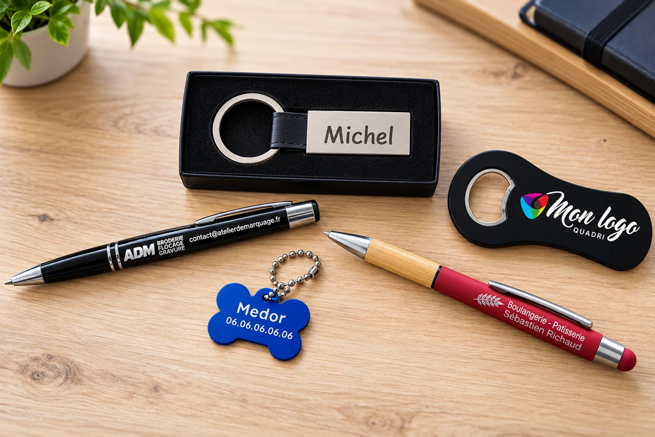 Stylos et porte-clés personnalisés à l’Atelier de Marquage