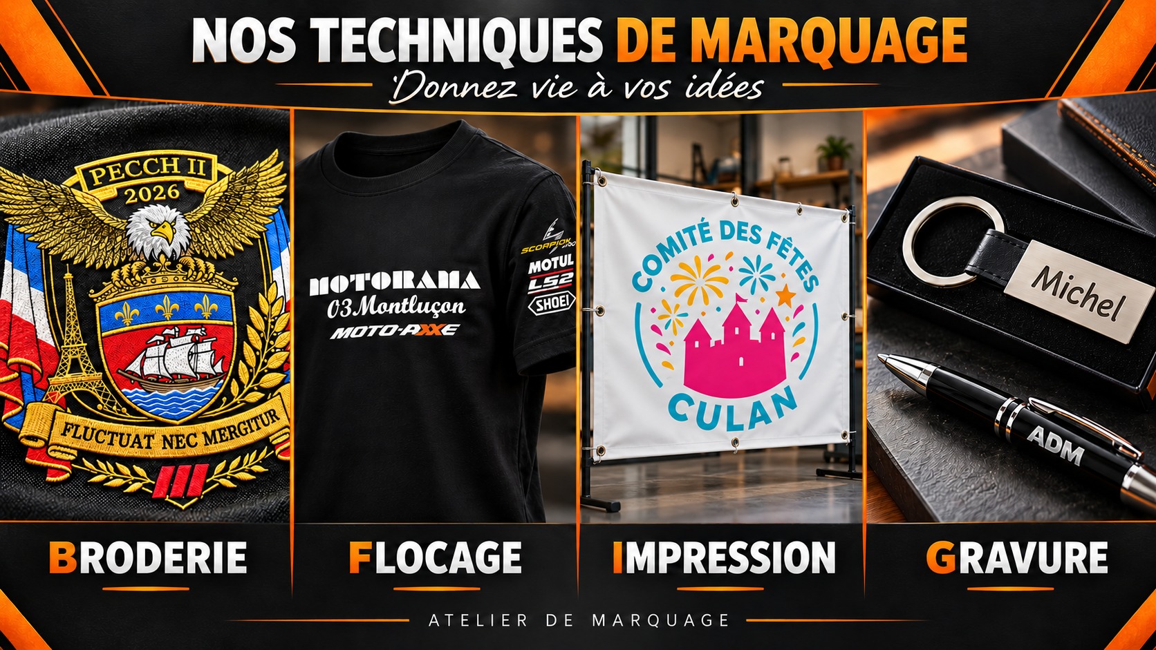 ADM : présentation de nos techniques de marquage, broderie, flocage, impression et gravure